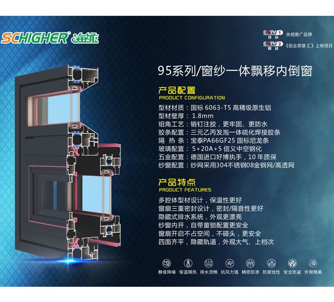95系列/窗纱一体飘移内倒窗